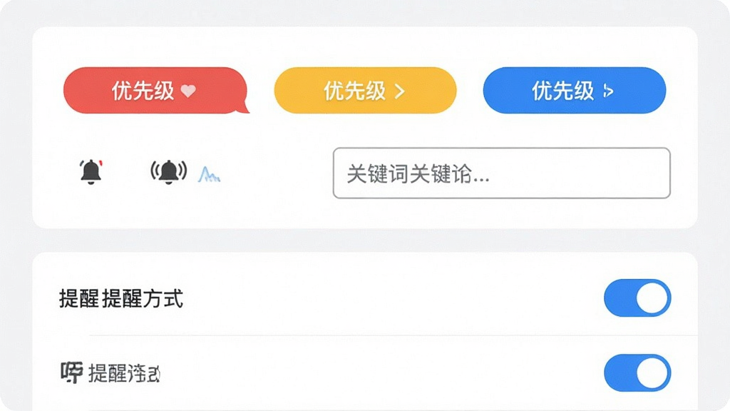 画面主体为FeishuKit的消息分级提醒设置界面,布局为上下分层结构,上方展示优先级标签选择区,下方展示提醒方式开关列表,排版整齐清晰,风格为清爽浅色UI风,细节包括红黄蓝三色优先级标识、铃铛与震动图标、关键词输入框,画质干净细腻,无多余装饰元素