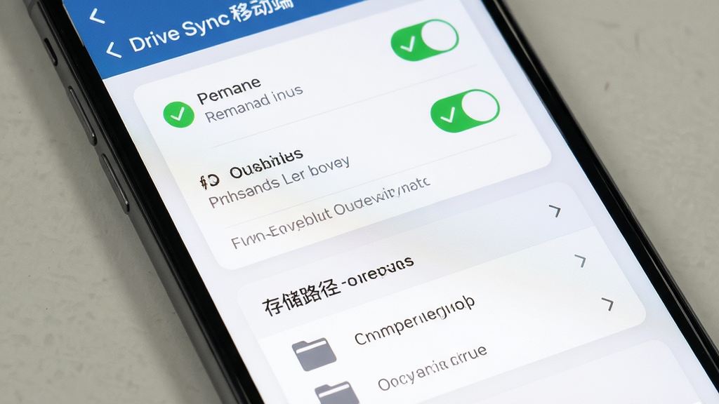 Drive Sync移动端设置界面展示,主体为手机屏幕特写,屏幕内呈现权限开关列表与存储路径选择面板,布局为纵向列表结构,排版清晰分区明确,风格为浅色系卡片式设计,细节包含绿色权限对勾、文件夹图标、灰色说明文字,画质高清干净无多余元素