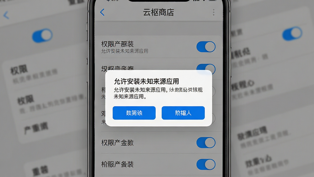 һ�š������̵ꡱ��װ�������������ʾ��ͼ������������һ���ֻ���Ļ��д����Ļ����ʾȨ�޿����б��͡�������װδ֪��ԴӦ�á�����ʾ����������Ϊ���е����ӱ����黯������ҳ�棬���ΪдʵUI���ϸ���Ͽ���Ϊ��ɫ����״̬��������ť�����ɱ桢�����������������룬���ʸ��壬��������������ɾ��޶���װ��