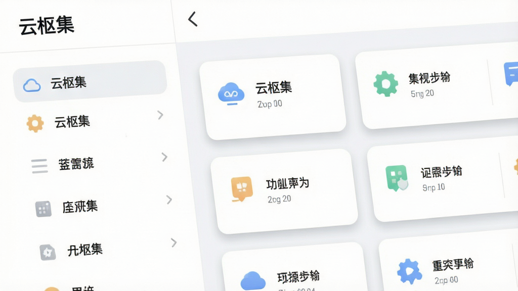 主体为云枢集应用的功能聚合面板特写,布局采用左右分栏结构,左侧为功能分类列表,右侧为卡片式功能入口,风格为清爽浅色扁平化设计,细节包括“云枢集”字样、圆角卡片、简洁图标、浅灰分隔线、柔和投影,画质高清,画面干净,无多余元素
