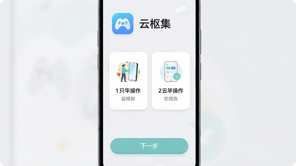 主体为安卓手机屏幕展示云枢集新手引导页面,布局为上下结构,上方为应用图标与“云枢集”名称,中部为分步骤操作提示卡片,下方为“下一步”按钮,风格为清爽浅色界面设计,细节包括简洁插画、中文说明文字、圆角按钮、浅灰背景,画质高清,画面干净,无多余元素