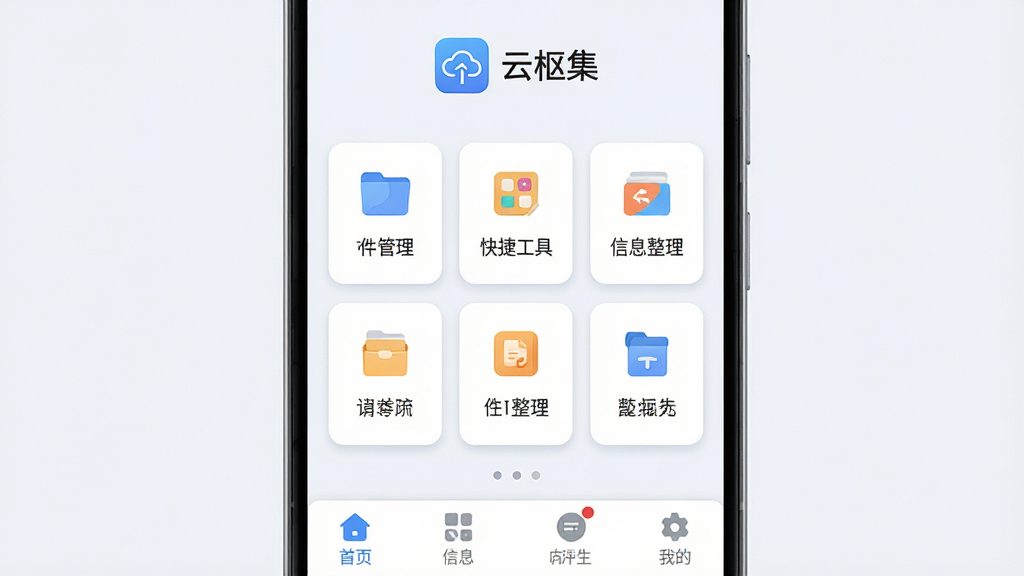 主体为一部安卓手机正面展示云枢集应用主界面,布局采用居中对称构图,上方为应用名称“云枢集”与图标,中部为功能卡片网格排列,包含文件管理、快捷工具、信息整理等模块,下方为底部导航栏,风格为简洁现代扁平化设计,细节包括浅色背景、圆角卡片、柔和阴影、清晰图标与中文标签,画质高清,画面干净,无多余元素