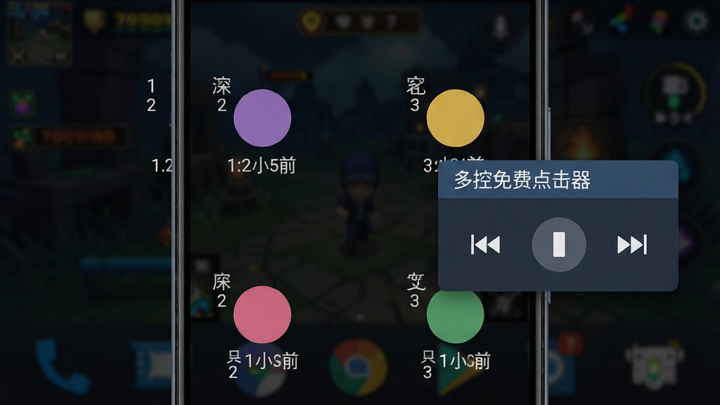 一部安卓手机屏幕特写,屏幕上分布着五个不同颜色的圆形点击标记,每个标记旁有数字序号与间隔时间标签,悬浮窗面板显示播放控制键,背景为深色游戏界面虚化效果,扁平化UI风格,排版清晰有层次,画质高清干净,无多余元素,“多控免费点击器”字样出现在悬浮窗标题栏