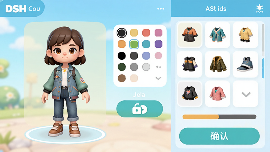 ����ΪDSH����Ӧ���ڵ�װ���̵���棬��Ļ����ʾһ�������ɫ���Ų�ͬ���ε�Ԥ��Ч�����Ա�����ɫѡ�����������л���ť������Ϊ���ҷ���������ɫԤ�����Ҳ�ѡ���б������Ϊ�������õ�UI�廭��ϸ�ڰ�������ͼ�ꡢ�������Ⱥ�ȷ�ϰ�ť�������������ɾ����޶���Ԫ��
