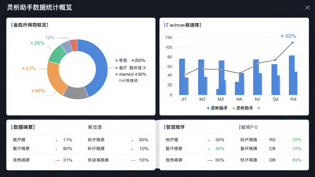 灵析助手数据统计概览页面,主体为环形图和柱状图组合展示,布局为上方图表下方数据摘要,排版对称均衡,风格为商务简约风,细节包含百分比标注和图例说明,画质清晰干净无多余元素