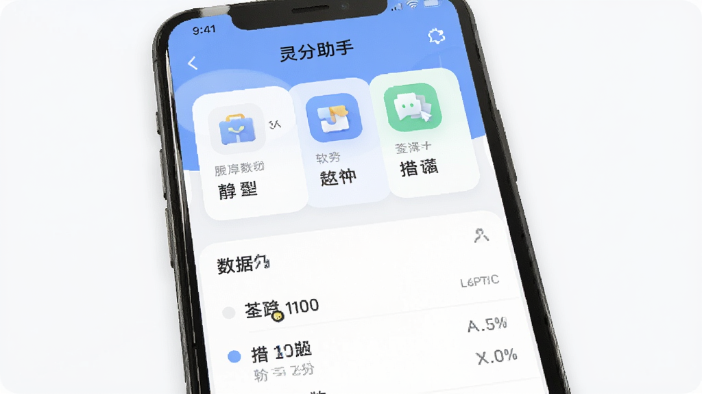 手机应用界面展示,主体为灵析助手软件主页面,布局采用上下结构,上方为功能卡片区域下方为数据列表,排版简洁有序,风格为现代扁平化UI设计,细节包含圆角图标和浅色背景,画质清晰干净无多余元素