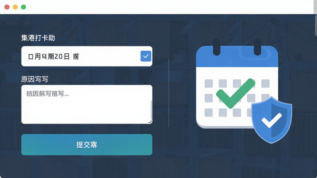 画面主体为集港打卡助手软件内的补卡申请页面截图风格插画,页面包含日期选择、原因填写框与提交按钮,旁边配有一个打勾的日历图标与盾牌安全标识,布局为左右分栏式排版,风格为简洁商务扁平化设计,细节上突出表单字段与按钮的清晰层次,画质干净利落,无多余装饰元素