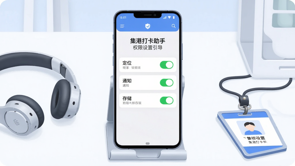 画面主体为一部安卓手机放置在桌面支架上,屏幕显示集港打卡助手的权限设置引导页,页面列出定位、通知、存储三项权限开关,手机旁边摆放一副耳机与工牌,布局为居中构图,风格为清爽浅色科技感插画,细节突出权限开关的绿色开启状态与界面文字,画质干净清晰,无多余装饰