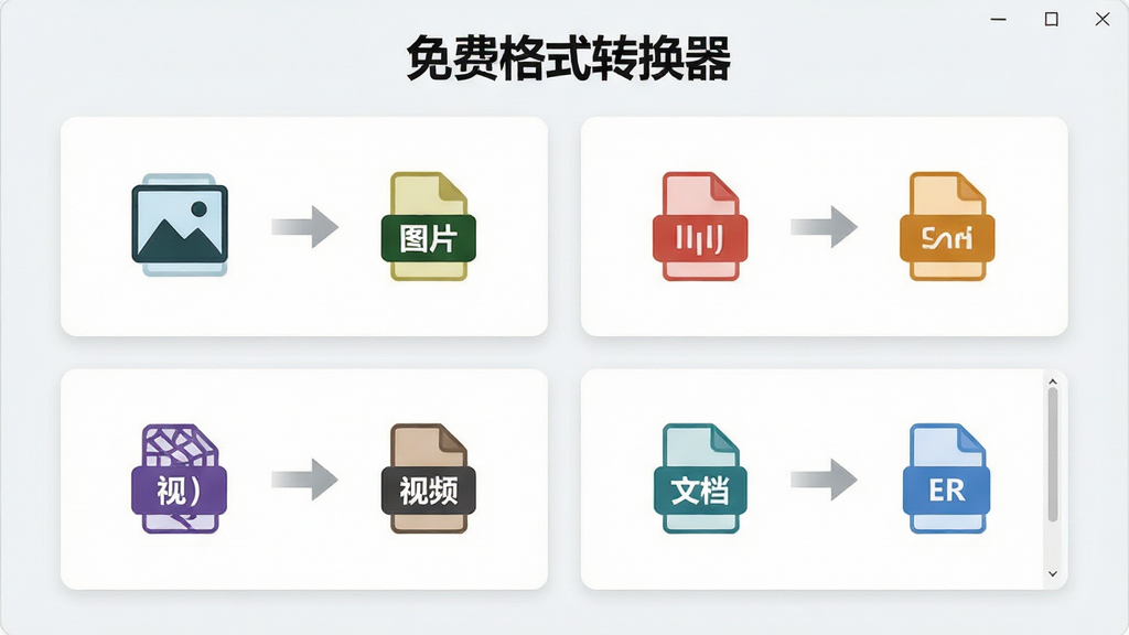 主体为“免费格式转换器”软件功能展示页,布局为四宫格卡片式排列,分别呈现图片转换、音频转换、视频转换、文档转换四个模块,排版整齐对称,风格为现代简约浅色系,细节包含各模块对应的文件格式图标与转换箭头标识,画质清晰,干净无多余元素