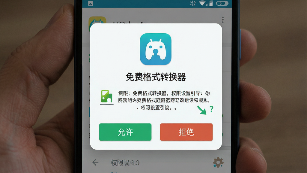主体为安卓手机屏幕展示“免费格式转换器”权限设置引导页面,布局为居中弹窗样式,排版上方为软件图标与名称、中部为权限说明文字、下方为允许与拒绝按钮,风格为清新浅色扁平化,细节包含存储权限图标与提示箭头,画质高清,干净无多余元素