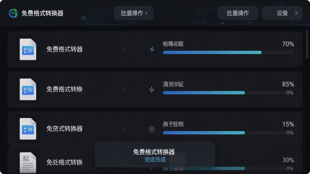主体为“免费格式转换器”批量转换进行中的界面,布局为列表式展示多个文件及进度条,排版左侧为文件缩略图与名称、右侧为百分比进度,风格为深色模式科技感,细节包含顶部批量操作按钮与底部完成提示弹窗,画质高清,干净无多余元素