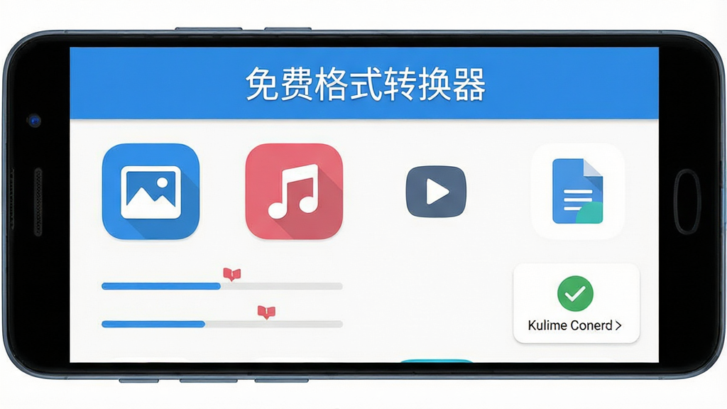 主体为一部安卓手机屏幕,屏幕中央展示“免费格式转换器”应用界面,界面包含图片、音频、视频、文档四个转换入口图标,布局采用上下结构,上方为软件名称横幅,下方为功能网格,排版简洁明了,风格为扁平化科技蓝与白色搭配,细节包含圆角图标、进度条与转换完成对勾标记,画质高清,干净无多余元素
