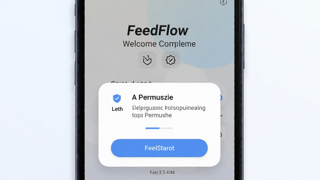 һ��չʾFeedFlow�ڰ�׿�ֻ��ϰ�װ��ɺ���״�������������Ч��ͼ������Ϊ�ֻ�������д����Ļ��ʾ��ӭҳ��Ȩ�����󵯴�������Ϊǳɫ���䣬���Ϊ��ˬ�ƶ���UI��ƣ�ϸ�ڰ���Ȩ��ͼ�ꡢ��ťԲ�������ָʾ�����������ɾ��������޶���װ��Ԫ��
