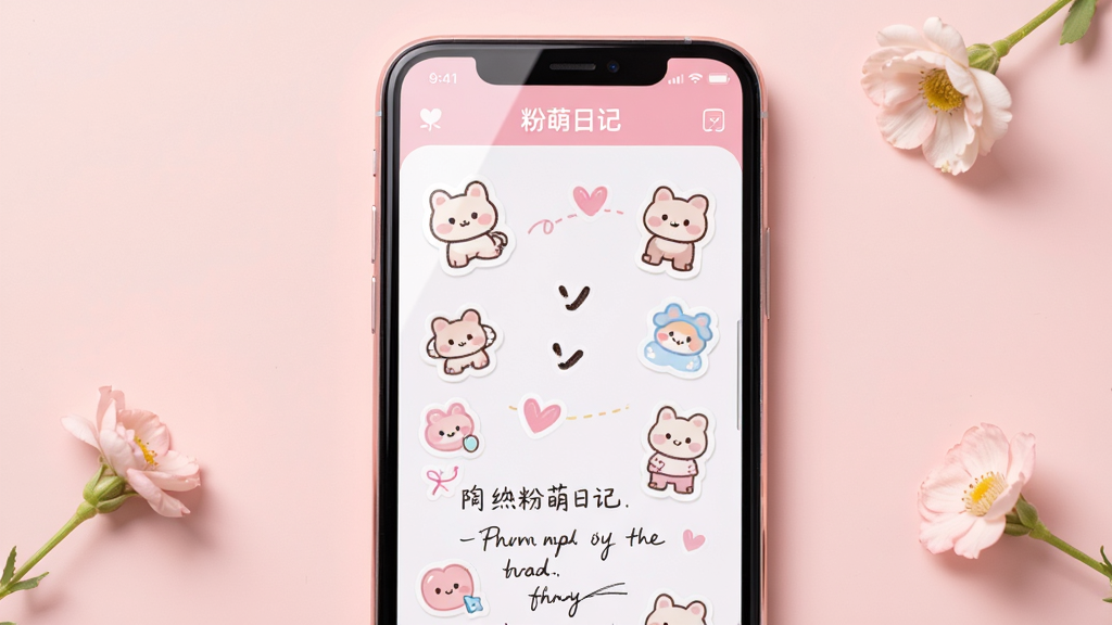 �����������ֻ���Ļչʾ�������ռǡ���Ӧ�ý��棬��Ļ���Ƿ�ɫ������ռǱ༭ҳ��ҳ��������ֽװ�κ���д���֣�����Ϊ�ֻ����з��ã�������ǳ��ɫ���棬�Աߵ�׺����С�����Ű�۽���Ļ���ݣ���ͼ�ɾ������Ϊ���������Ʒչʾ�磻ϸ�ڰ�����Ļ�������⡢����ͼ��Բ��ɰ�����ֽɫ����ͣ���������������ɾ����޶���Ԫ�ء�