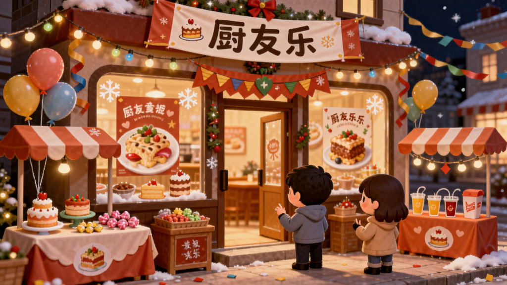 卡通风格的节日美食活动场景插画,画面主体为装饰一新的餐厅外景,门口悬挂彩灯和节日横幅,橱窗上贴着美食海报,餐厅外摆放着活动摊位,摊位上陈列着蛋糕、糖果和饮品,几位卡通顾客正在排队参与活动,背景为夜晚街道,布局为纵向构图,风格为温馨节日卡通插画,细节包括气球、彩带、暖色灯光和雪花装饰,画质明亮干净,无多余元素,横幅文字为“厨友乐”