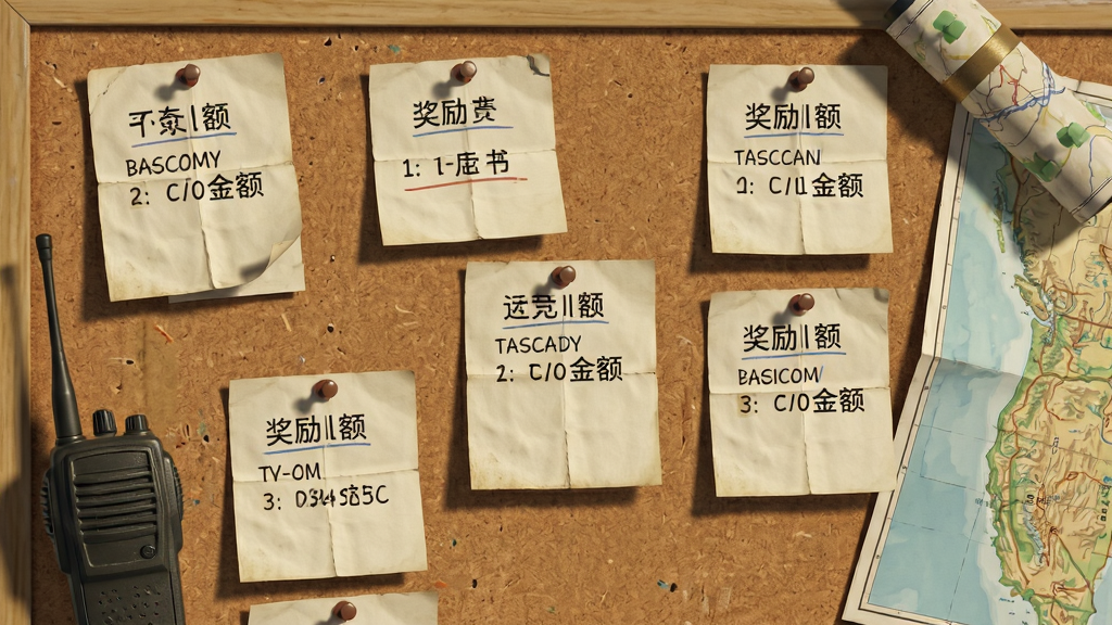 画面为一块任务看板,上面钉着多张写着任务名称与奖励金额的纸条,旁边放着对讲机与地图,布局为看板占主体、道具点缀角落,风格为复古公告板质感,细节包括纸张折痕与图钉阴影,画质清晰干净,无多余元素