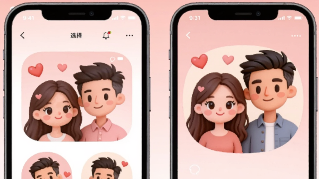 ������չʾ���Ų��ŵ��ֻ���Ļ�������Ļ��ʾ����ͷ��ѡ����棬�Ҳ���Ļ��ʾ�����ɵ�һ�Կ�ͨ����ͷ������ͷ����ͳһ��ɫ����Ӧ������Ϊ���ҶԳƣ����Ϊ��ܰ�����Ĳ廭�磬ϸ�ڰ�����ɫ���䱳��������װ�κ�Բ��ͷ��򣬻�����͸ɾ����޶���Ԫ��