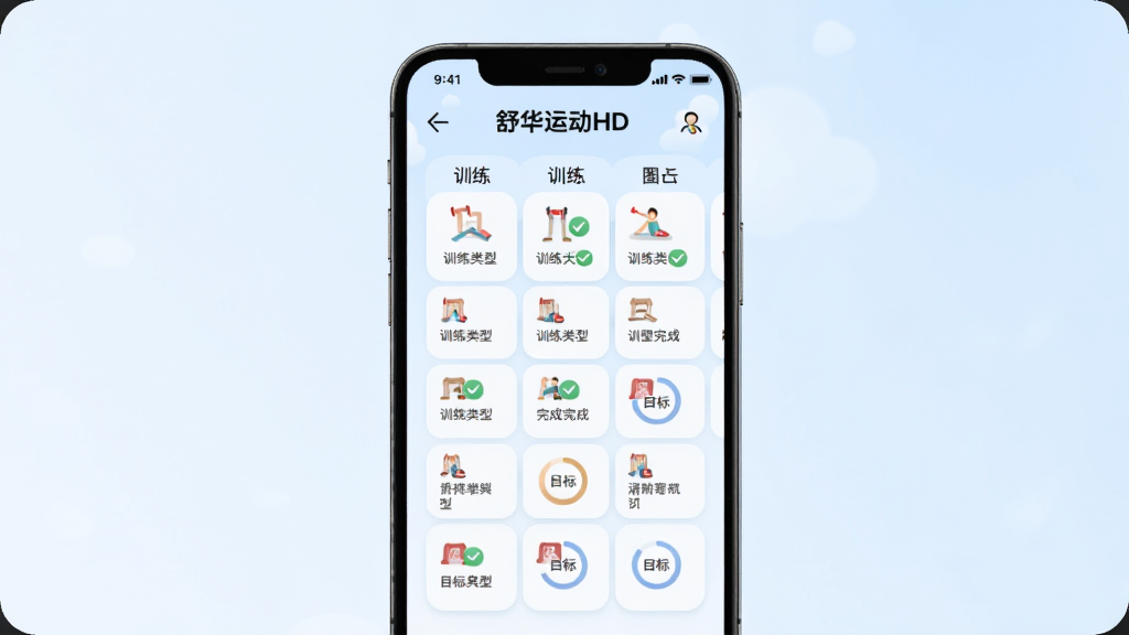 �滪�˶�HD���Ի�ѵ���ƻ�ҳ��չʾ������Ϊ�ֻ���Ļ��ʾһ��ѵ���ճ̱�������Ϊ����ʽ�������У��Ű��������򣬷��Ϊ���Բ�ǿ�Ƭ�뵭��������ϸ�ڰ���ѵ������ͼ�ꡢ��ɴ򹴱�ǡ�Ŀ����Ȼ���������ˬ�ɾ��޶���Ԫ��