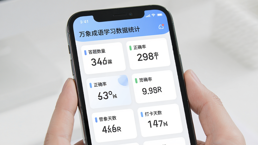 万象成语学习数据统计页面,主体为手机屏幕上的数据面板,布局上下分区,排版整齐,风格简约清爽,细节包含答题数量正确率打卡天数等数字卡片,画质清晰干净无多余元素