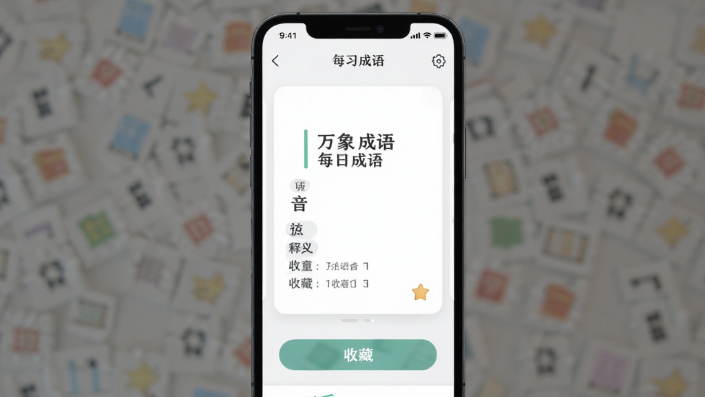 手机屏幕上展示万象成语每日成语卡片与收藏按钮,主体为一部竖屏手机,布局居中,排版简洁,风格清新学习类APP界面,细节包含成语读音释义和收藏图标,画质清晰干净无多余元素
