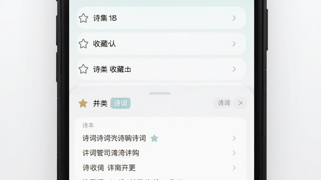 主体为手机界面中的诗词收藏管理页面,布局为上下分区上方是诗集列表下方是诗词条目,排版整齐卡片式排列,风格为清新浅色极简风,细节包含收藏星标和分类标签,画质清晰干净无多余元素