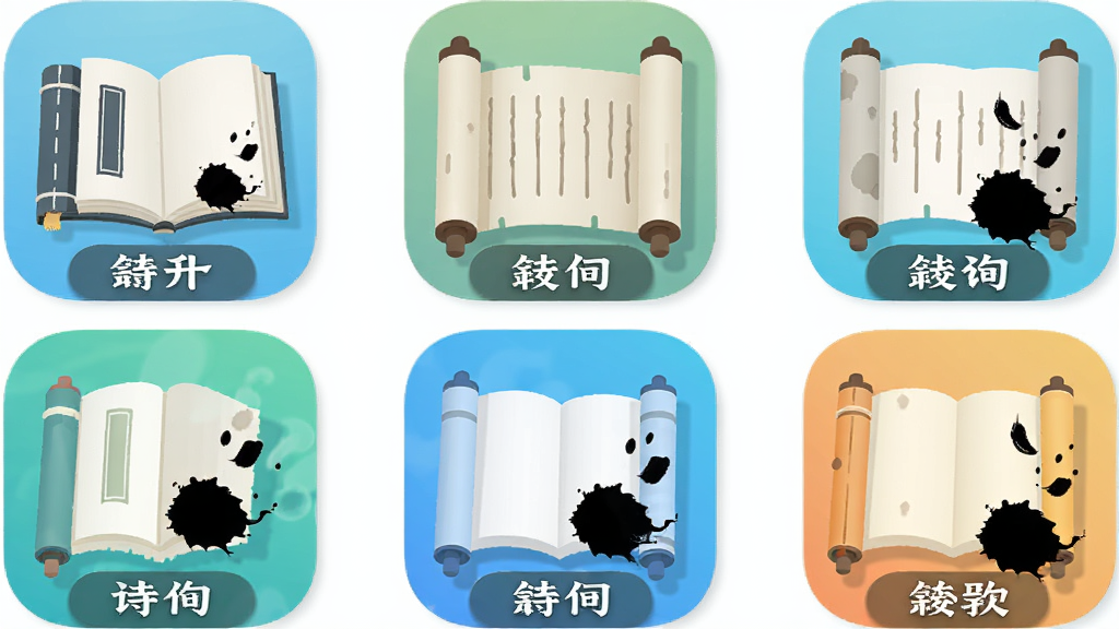主体为多款诗词类应用图标排列展示,布局为两行三列网格状,排版每个图标下方带软件名称标签,风格为扁平化清爽浅色系,细节包含书本卷轴和墨迹元素,画质清晰干净无多余元素