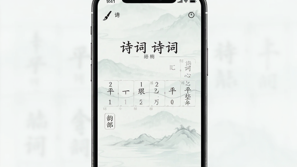 主体为一部手机屏幕展示诗词创作界面,布局为居中竖屏构图,排版上方是诗词标题下方是平仄标注区域,风格为清雅中国风浅色系,细节包含毛笔图标和韵部标签,画质清晰干净无多余元素