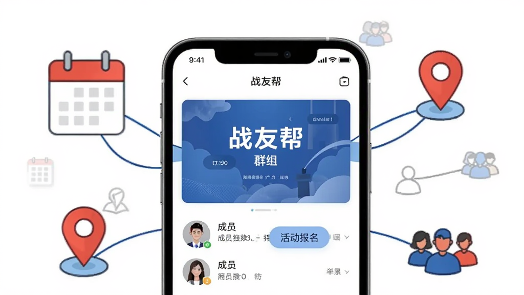 ��������Ϊ�ֻ���Ļչʾ��ս�ѰȺ��ҳ�棬����Ⱥ����桢��Ա�б���������ť����Ļ�⻷������ͼ�ꡢ��λͼ������Ⱥ��������������Ϊ���й�ͼ�����Ϊ�������廭��ϸ�����������ʸɾ���������ɫ�޶���Ԫ��