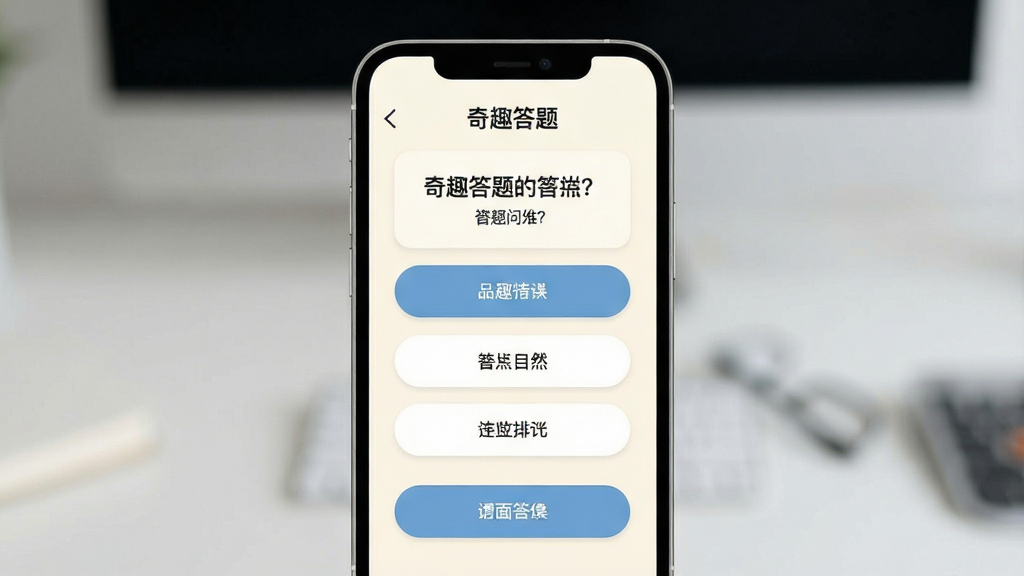 奇趣答题 手机答题界面 主体为手机屏幕展示问答题目与选项 布局居中 排版清爽 风格简约扁平化 细节为浅色背景与圆角按钮 画质清晰 干净 无多余元素