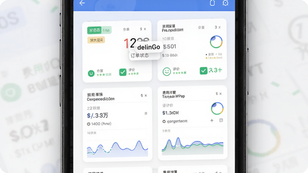 DealinGo 订单管理界面,主体为手机屏幕内的订单状态卡片与费用明细,布局纵向排列,排版整齐,风格清爽商务,细节包含状态标签与评价入口,画质高清,干净,无多余元素