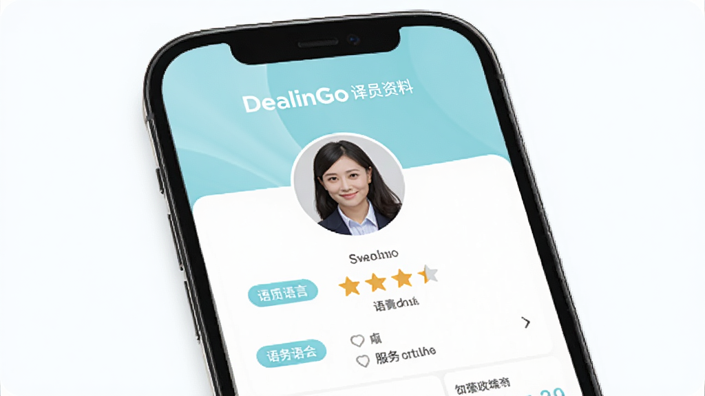 DealinGo 译员资料页面,主体为手机屏幕内的译员头像与评分评价区域,布局上下结构,排版疏朗,风格柔和清新,细节包含语言标签与服务城市文字,画质高清,干净,无多余元素