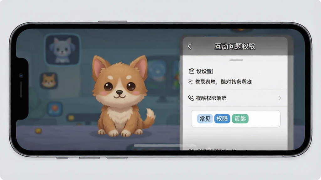 互动桌面宠物 预览图 常见问题解决界面 主体为手机屏幕 显示设置与权限页面 排版清晰 浅灰背景 高清画质 无多余装饰