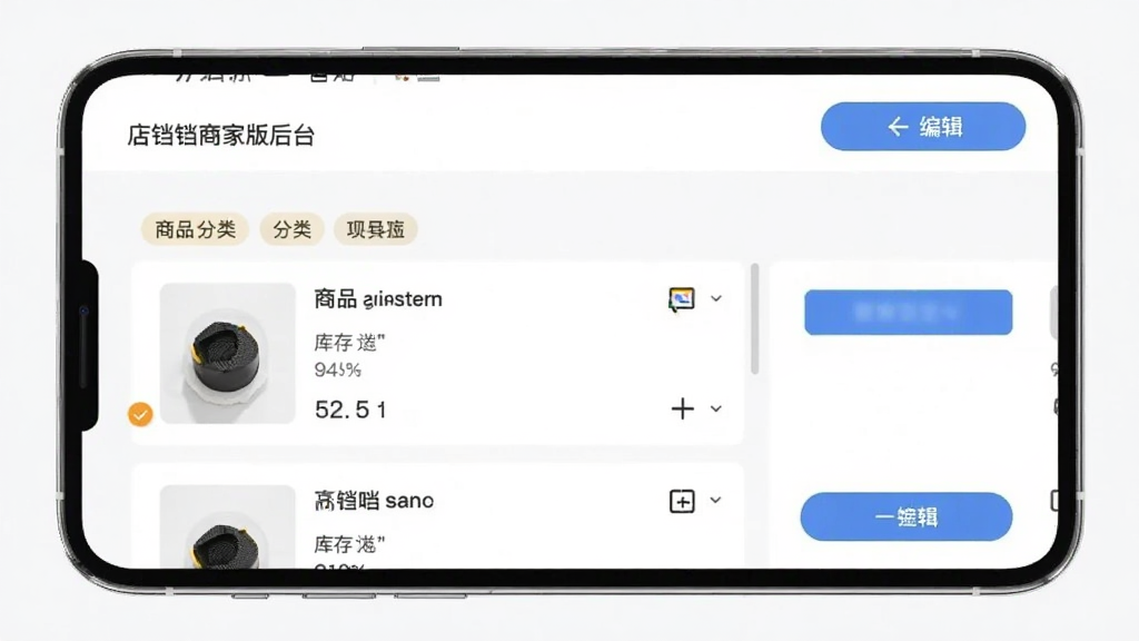 店铛铛商家版后台商品管理页面示意,主体为手机端商品列表与编辑按钮,布局上下结构清晰,风格简约商务,细节包含分类标签、库存数字与操作图标,画质干净清爽无多余元素