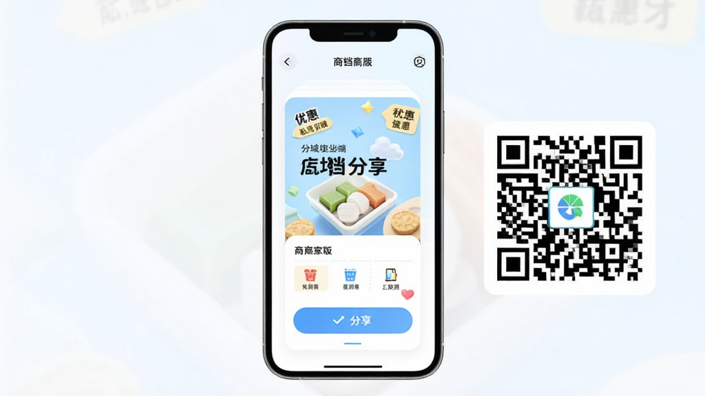 店铛铛商家版私域引流分享海报示意图,主体为手机展示分享海报与二维码,布局居中突出海报卡片,风格清新浅色,细节包含优惠标签与分享按钮,画质清晰干净无多余元素