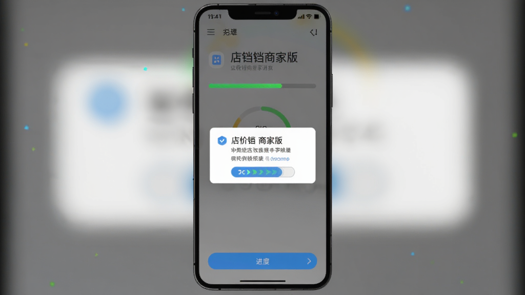 店铛铛商家版安卓手机安装界面截图,主体为手机屏幕展示安装进度条与权限提示弹窗,布局居中竖向排版,风格清爽科技感,细节包含图标、按钮与进度动画,画质清晰干净无多余元素