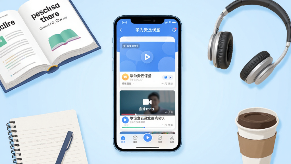 画面主体为一间明亮的在线学习教室场景,中央放置一部智能手机,手机屏幕上显示“学为贵云课堂”应用界面,界面中包含课程列表与直播课堂入口,手机周围环绕英语教材、耳机、笔记本与咖啡杯,布局采用居中构图,背景为浅蓝色渐变,风格为清爽现代教育插画风,细节包括屏幕内的课程卡片、播放按钮与学习进度条,画质高清,画面干净,无多余元素