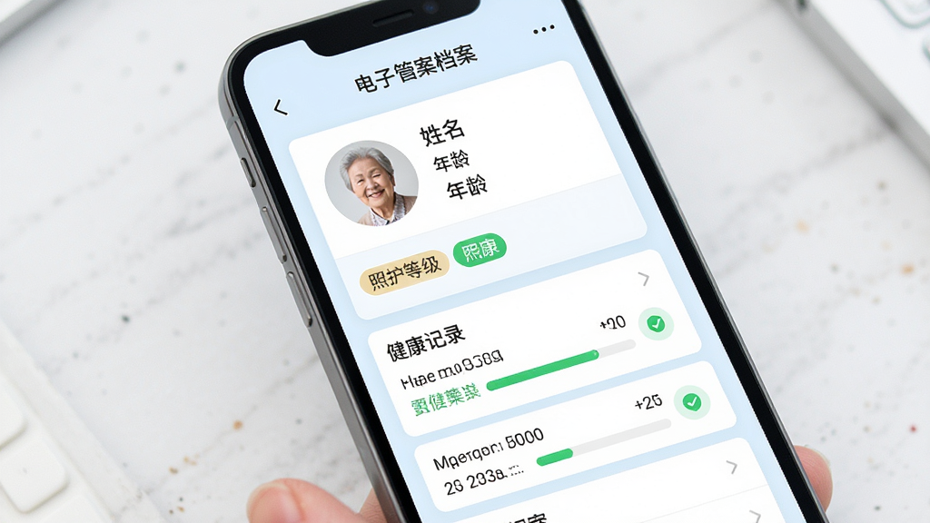 吉总管养老软件的老人档案管理界面展示图,画面主体为一部手机,屏幕内显示老人电子档案详情页,包含头像、姓名、年龄、照护等级标签和健康记录条目,布局为上下滚动式卡片排列,风格为清爽浅色系商务风,细节上采用淡蓝背景、白色卡片和绿色状态标识,画质清晰,画面干净,无多余元素