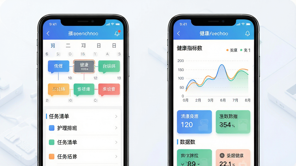 吉总管养老软件排班任务与健康数据界面组合图,画面主体为两部并排的手机,左侧手机显示护理排班日历和任务清单,右侧手机显示健康指标折线图和数据卡片,布局为左右对称展示,风格为现代科技感扁平设计,细节上使用蓝色渐变标题栏、彩色图表和清晰文字标签,画质高清,画面干净,无多余元素