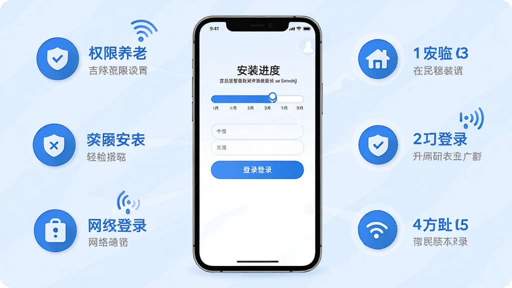 吉总管养老软件移动端安装与登录引导界面示意图,画面主体为一部手机展示应用安装进度条和登录页面,布局为手机居中、周围环绕权限设置图标和网络信号标识,风格为简洁教程插画风,细节上使用蓝色主色调、清晰步骤序号和友好提示文字,画质高清,画面干净,无多余元素