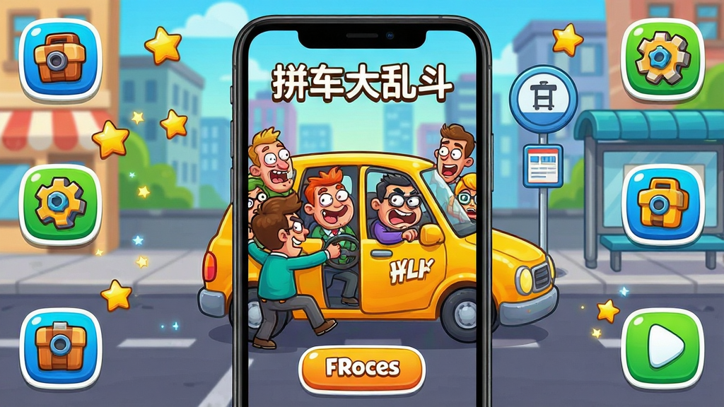 一张展示拼车大乱斗游戏主界面的手机截图风格插画,画面主体是一部竖屏手机,屏幕中央显示卡通风格的拼车场景,多名造型夸张的乘客角色挤在一辆黄色小车周围争抢车门,背景是城市街道和公交站牌,布局上手机居中、周围点缀游戏道具图标和星星特效,排版简洁明快,风格为美式卡通休闲游戏UI,细节包括角色表情滑稽、色彩饱和度高、按钮圆润,画质清晰干净,画面中文字标注“拼车大乱斗”,整体无多余元素