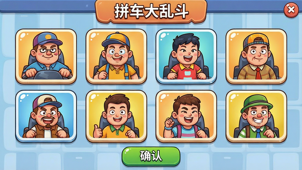 一张拼车大乱斗角色选择界面的插画,画面主体是排列整齐的卡通角色展示墙,布局为三行四列的网格状角色卡片,每张卡片上有一个造型夸张的拼车乘客角色,排版上顶部有“拼车大乱斗”标题栏、底部有确认按钮,风格为休闲游戏角色图鉴界面,细节包括角色服饰多样、表情各异、卡片边角圆润带高光,画质清晰明亮干净,无多余装饰元素