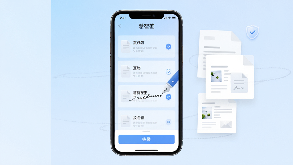 主体为一部智能手机居中放置,屏幕中显示“慧智签”应用界面,界面包含文档列表与签署按钮,布局采用左右分栏,左侧为浅蓝色渐变背景,右侧为白色文档卡片悬浮排列,排版简洁清晰,风格为现代扁平化商务风,细节包括签署笔迹动画轨迹、盾牌安全图标、文件缩略图,画质为高清2K,画面干净无多余元素