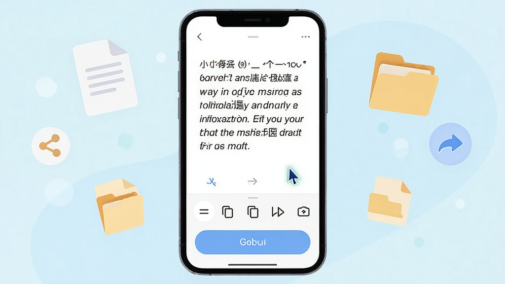 小语洞听文本编辑界面展示,手机屏幕中显示一段转写完成的文字内容,下方有编辑工具栏和导出按钮,周围漂浮文档图标与分享符号,布局居中,风格为柔和扁平插画,细节包含光标、复制图标、文件夹元素,画质高清,干净,无多余元素