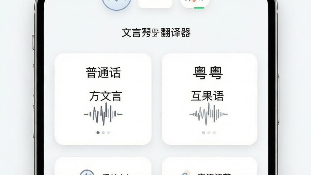 方言翻译器 文字翻译界面 展示普通话与粤语互译结果 简洁卡片布局 风格清爽 细节精致 画质高清 干净 无多余元素