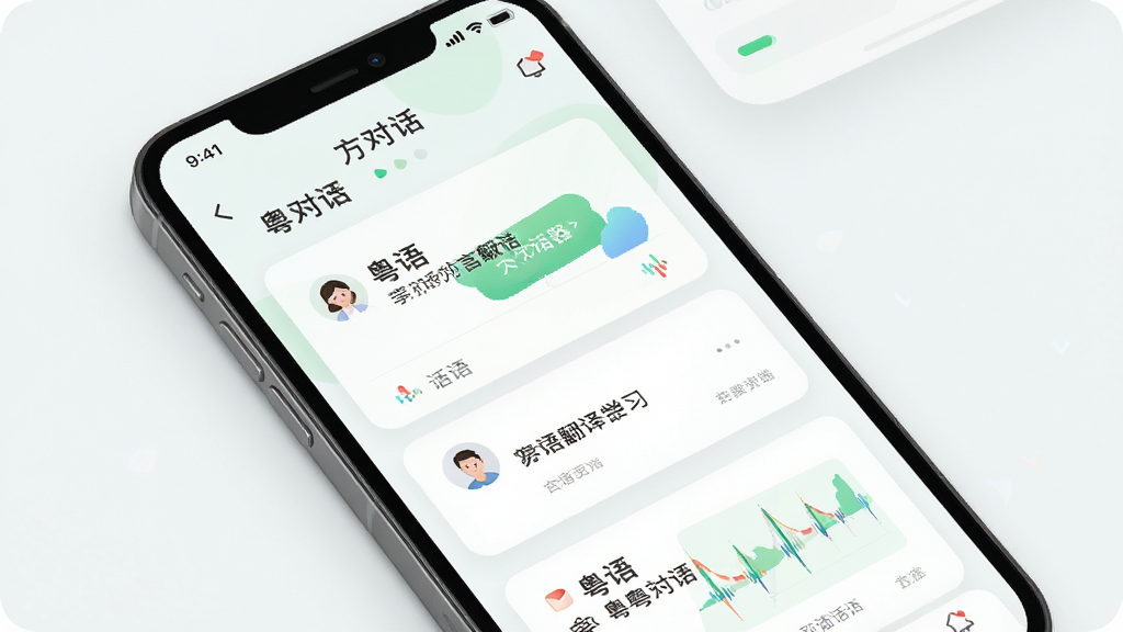 方言翻译器 手机应用主界面 展示粤语对话学习板块 布局清晰 卡片式排列 风格简洁清新 细节精致 画质高清 干净 无多余元素