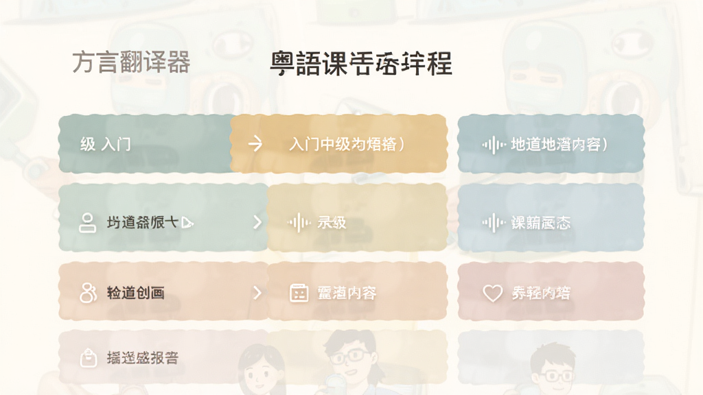方言翻译器 粤语学习课程页面 分级展示入门中级地道内容 列表式排版 风格简约 色彩柔和 细节清晰 画质高清 干净 无多余元素