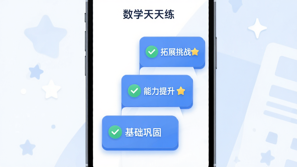 画面主体为一块竖屏手机界面,屏幕中显示三层阶梯状排列的数学题卡,分别标注“基础巩固”“能力提升”“拓展挑战”,布局为手机居中、阶梯由下向上递进,风格为现代扁平化UI插画,细节包含蓝色主色调、圆角题卡、对勾与星星图标、柔和阴影,画质清晰干净,无多余元素,画面中可出现文字“数学天天练”