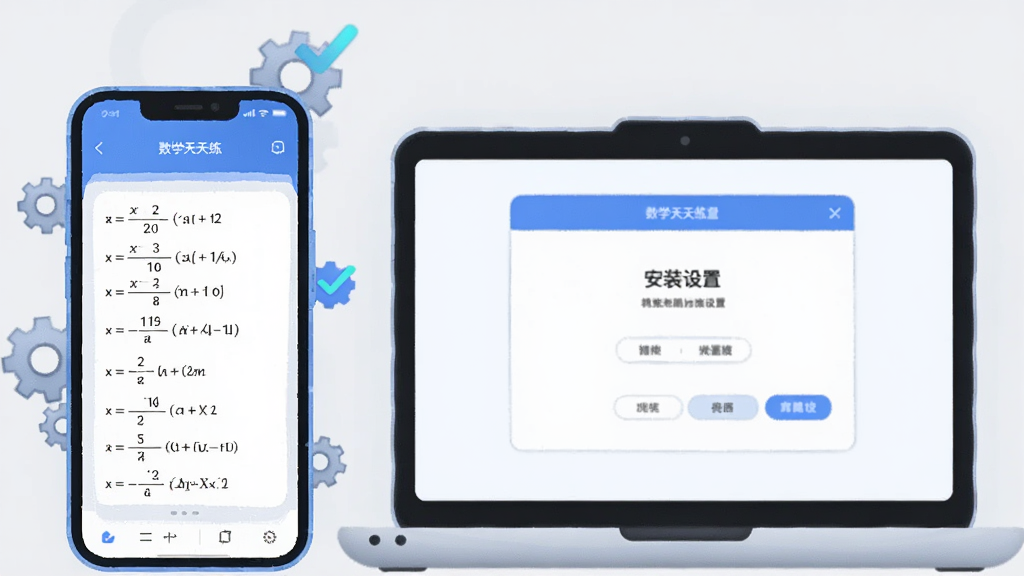 画面主体为一部手机与一台笔记本电脑并排摆放,手机屏幕显示数学练习题界面,电脑屏幕显示模拟器安装设置窗口,布局为左右并列对比构图,风格为简洁科技感插画,细节包含蓝色光效、圆角设备边框、齿轮与对勾图标、浅灰背景,画质高清干净,无多余元素,画面中可出现文字“数学天天练”