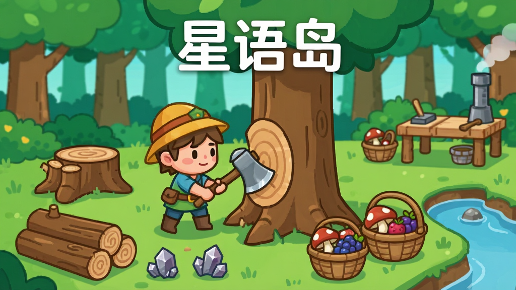 卡通风格的资源采集场景,画面中央是一位手持斧头的角色正在砍伐一棵大树,周围地面上散落着木材、矿石和采集篮,背景是茂密的森林和一条小溪,布局采用平视构图,角色位于画面中心偏左,风格为清新明快的卡通插画,细节包括树桩上的年轮纹理、篮子里的蘑菇和野果、远处的工作台和烟囱,画面上方用白色字体写着