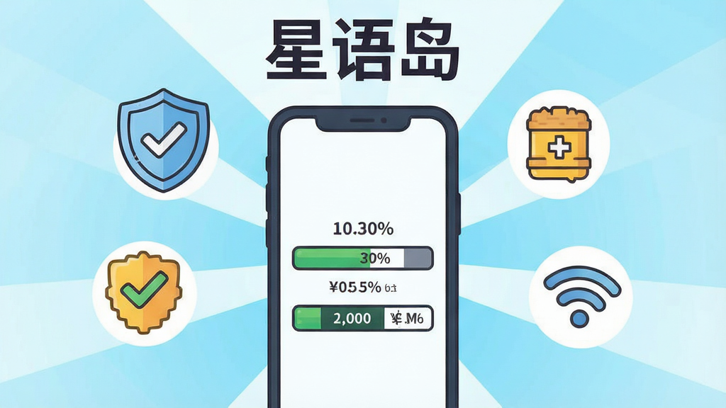 卡通风格的手机游戏安装引导示意图,画面主体是一部智能手机屏幕显示安装进度条,周围环绕着盾牌图标、存储空间图标和网络信号图标,布局采用中心放射构图,手机位于画面正中,风格为扁平化信息图风格,细节包括进度条上的百分比数字、盾牌上的对勾标记、存储条上的容量数值,画面顶部用深色字体写着